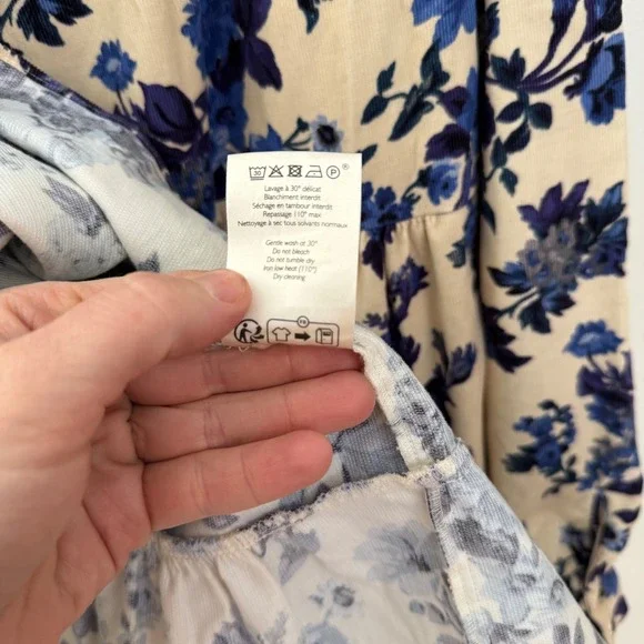 Sezane women's Floral Soledad dress Tiered Mini Dress Blue Cream size 12 (44) - Picture 8 of 9